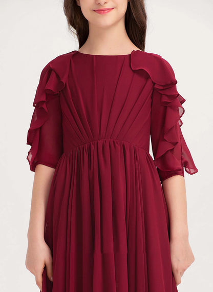 Girls' Formal Dress Elegant A Line Round Neck Short Sleeve Ruffles Floor-Length Hot Sale Junior Bridesmaid Dress