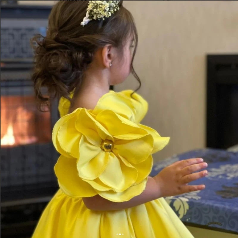 Wedding Flower Girl Dress Baby Girls Satin Flower Off-Shoulder Dress Infant Baptism Evening Wedding Birthday Prom Party Fluffy Gown Kids Princess Dress
