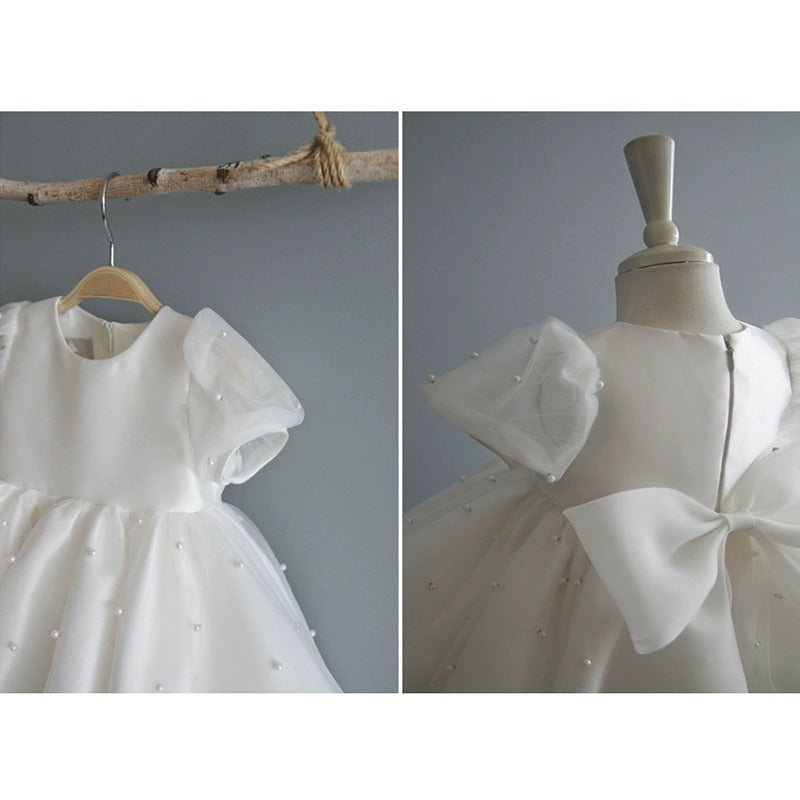 AERBA DRESS Wedding Flower Girl Dress A Line Round Neck Birthday Party Pearl Puff Sleeve Princess Dress