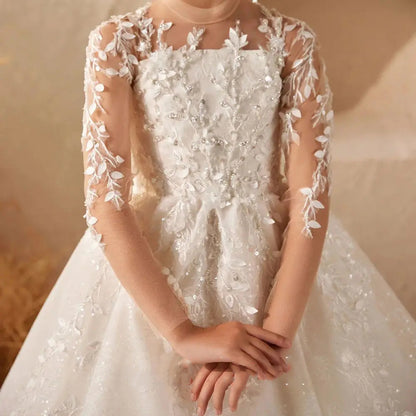 AERBA DRESS Wedding Flower Girl Dress Satin Beaded Sequin Full Sleeve Child First Communion Birthday Party Dress Ball Gowns