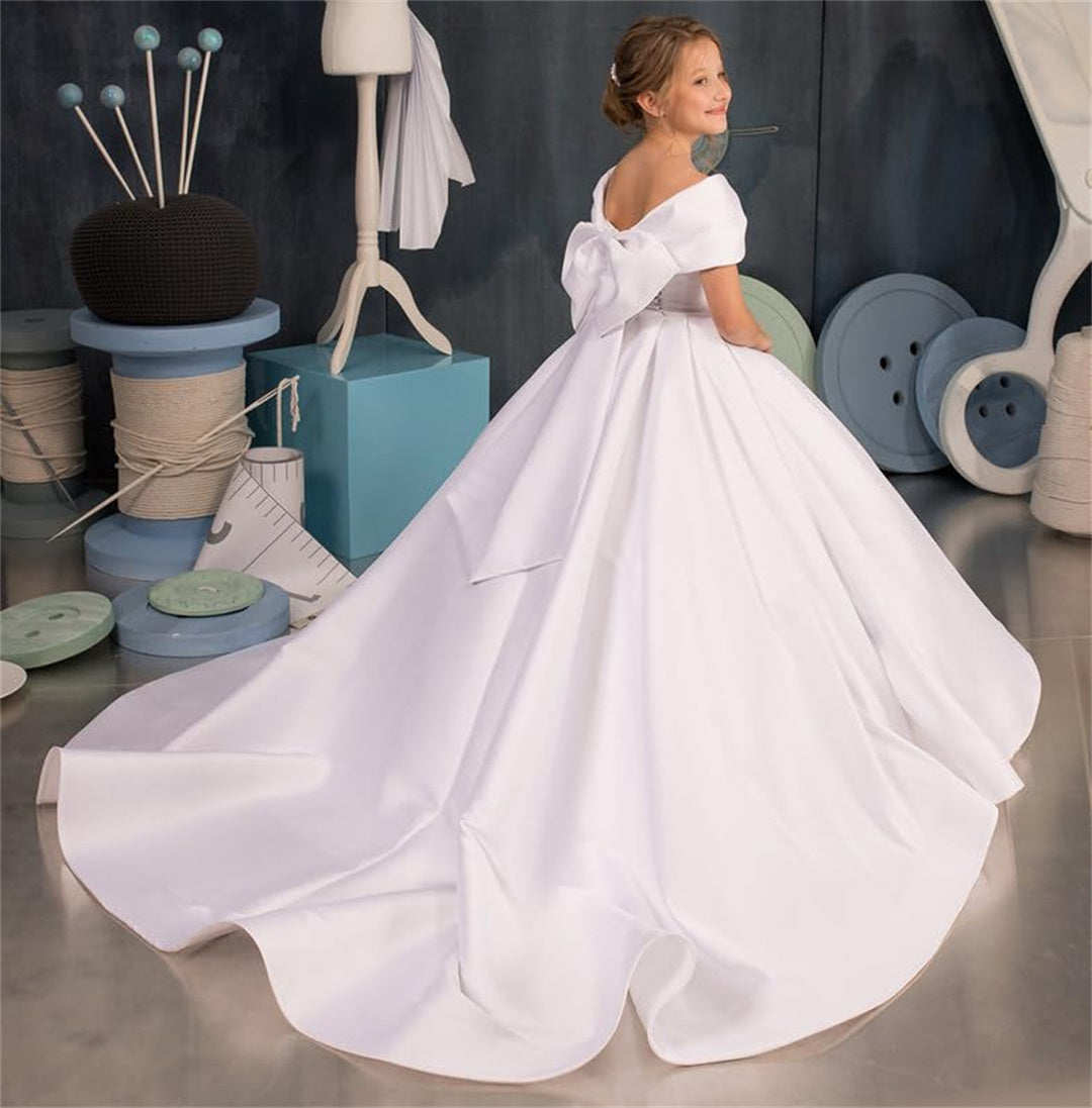 AERBA DRESS Wedding Flower Girl Dress Elegant Satin Off The Shoulder First Communion Dress Bow Knot Party Ball Gowns for Girls