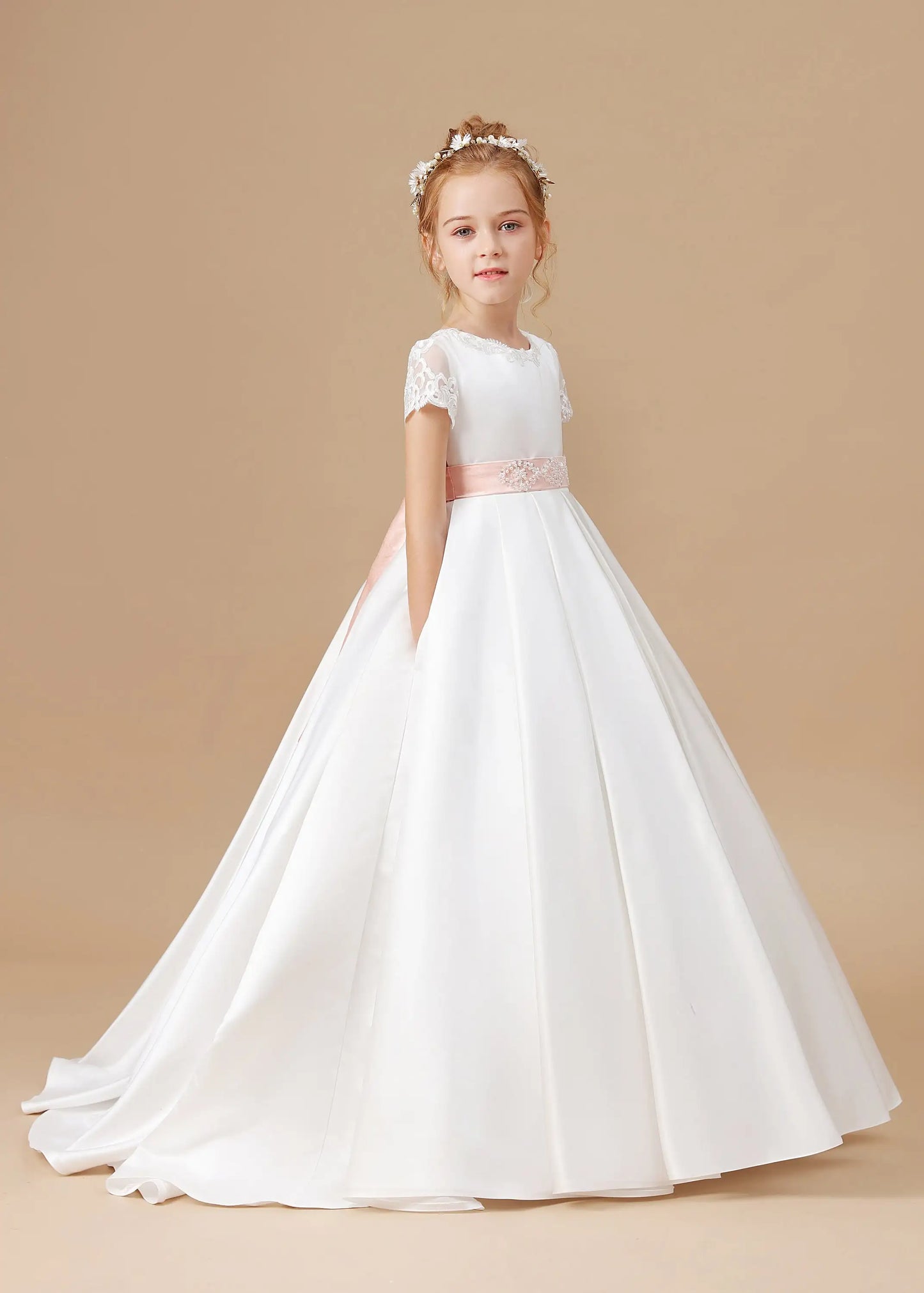 AERBA DRESS Wedding Flower Girl Dress Elegant A-line Satin First Communion Gowns Bow Belt Princess Kids Birthday Gown ﻿