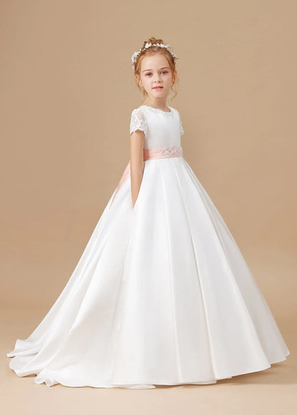AERBA DRESS Wedding Flower Girl Dress Elegant A-line Satin First Communion Gowns Bow Belt Princess Kids Birthday Gown ﻿