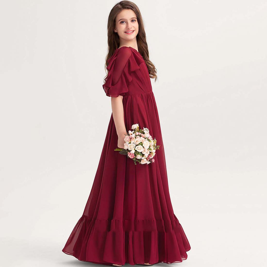 Girls' Formal Dress Elegant A Line Round Neck Short Sleeve Ruffles Floor-Length Hot Sale Junior Bridesmaid Dress