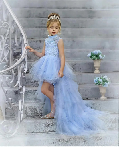 AERBA DRESS Wedding Flower Girl Dress High-Low Length Kids Birthday Dresses Ruffles Tiered Tulle Girls Ball Gowns Princess Dress