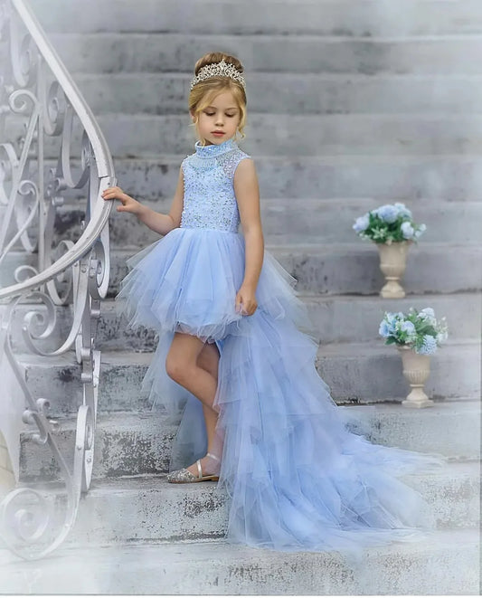 AERBA DRESS Wedding Flower Girl Dress High-Low Length Kids Birthday Dresses Ruffles Tiered Tulle Girls Ball Gowns Princess Dress