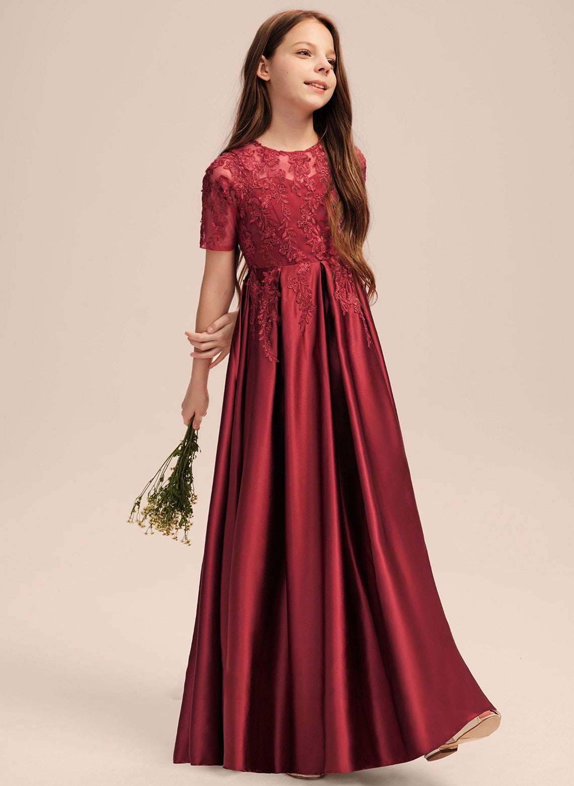 Elegant A-Line Scoop Short sleeve Floor-Length Lace Applique Pleated Fashion Junior Bridesmaid Dress