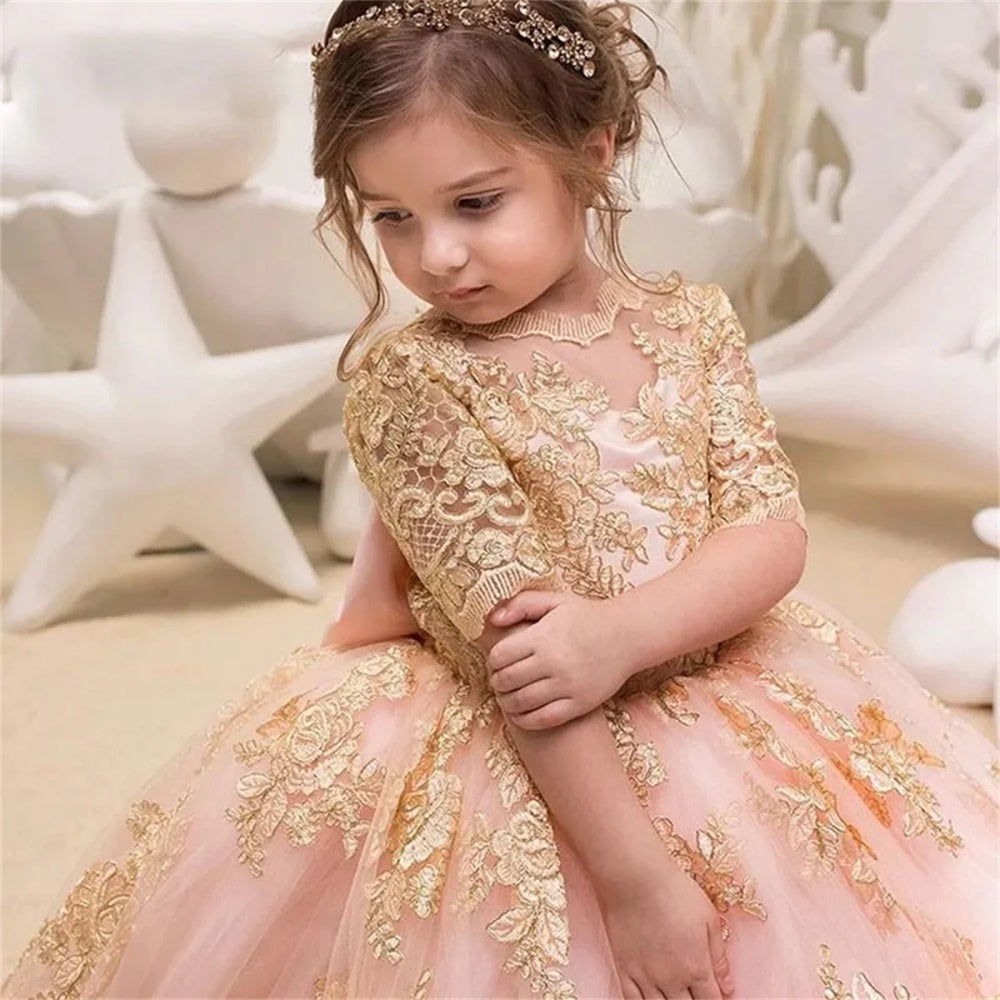 AERBA DRESS Wedding Flower Girl Dress Lace Appliques Bow Half Sleeves Elegant First Communion Kids Prom Dress