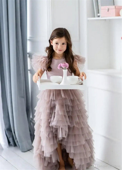 AERBA DRESS Wedding Flower Girl Dress Kids Birthday Present Lovely Tulle Lace Printed Feather Flower Girl Dress Princess Ball First Communion Dresses