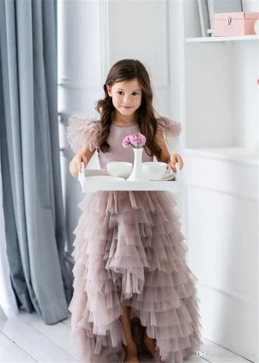 AERBA DRESS Wedding Flower Girl Dress Kids Birthday Present Lovely Tulle Lace Printed Feather Flower Girl Dress Princess Ball First Communion Dresses