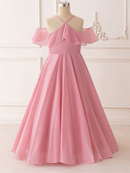 Girls' Formal Dress A Line Ruffle Girls Party Off Shoulder Long Wedding Princess Prom Dresses Kids Elegant Beach Birthday Evening Hot Sale Junior Bridesmaid Dress