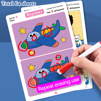 AERBA HOT SALE 64PCS Find Differences Card Game for Children Reusable Wiping Paper 3 Difficulty Levels Cartoon Educational Puzzle for Kids