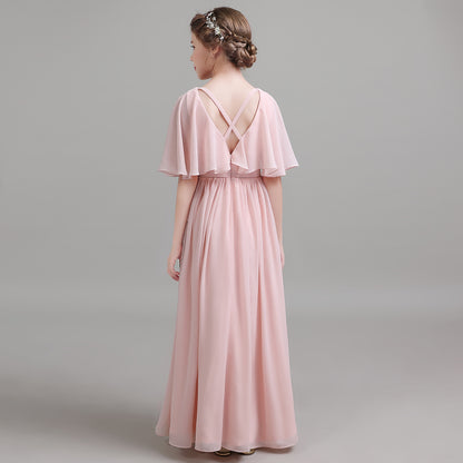 Girls' Formal Dress Elegant A Line Flowy Sleeves Girls Pleated Backless Floor Length Chiffon Birthday Dress Hot Sale Junior Bridesmaid Dress