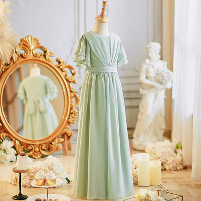 Girls' Formal Dress Elegant A Line Round Neck Flowy Sleeves Girls Chiffon Pleated Prom Birthday Dress Hot Sale Junior Bridesmaid Dress