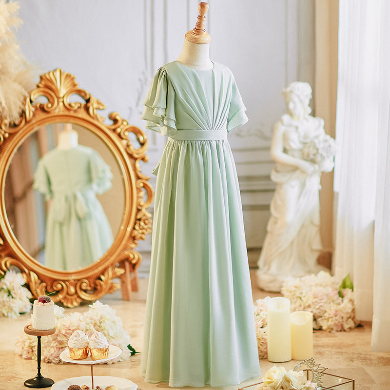 Girls' Formal Dress Elegant A Line Round Neck Flowy Sleeves Girls Chiffon Pleated Prom Birthday Dress Hot Sale Junior Bridesmaid Dress