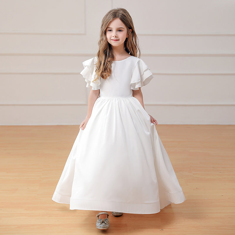 AERBA DRESS Wedding Flower Girl Dress A-line Elegant Bridal Party Dress for Girls Puffy Floor Length Prom Dress Ruffled Sleeves Pageant Princess Dress