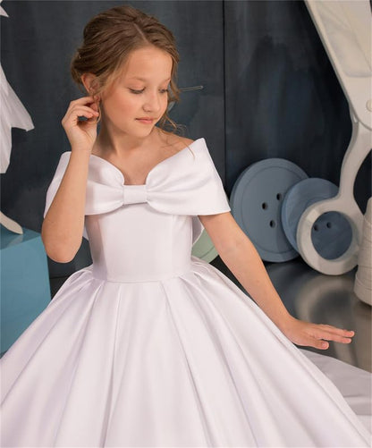 AERBA DRESS Wedding Flower Girl Dress Elegant Satin Off The Shoulder First Communion Dress Bow Knot Party Ball Gowns for Girls