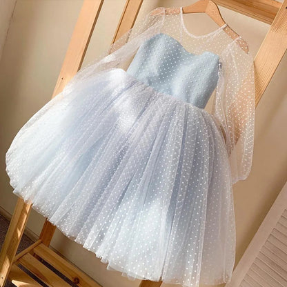 AERBA DRESS Wedding Flower Girl Dress Children's Polka Dot Lace Long Sleeved Performance Birthday Fluffy Short Skirt Princess Dress
