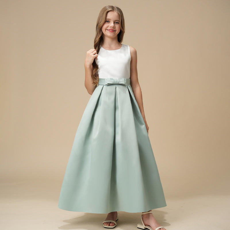 Girls' Formal Dress Elegant A Line Round Neck Sleeveless Bow Pleated Charming Hot Sale Junior Bridesmaid Dress