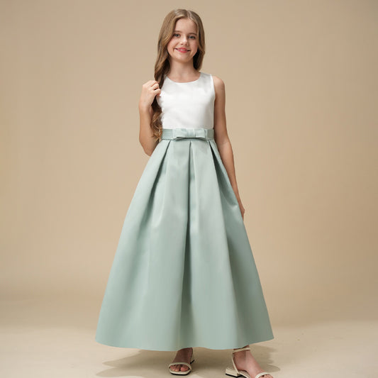 Girls' Formal Dress Elegant A Line Round Neck Sleeveless Bow Pleated Charming Hot Sale Junior Bridesmaid Dress