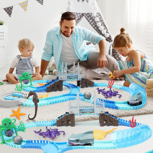 Aerba Shark Race Car Toy for Boys Girls Age 3+ Bendable Flexible Racetrack Cars Ocean Train Toy Educate Kid Set