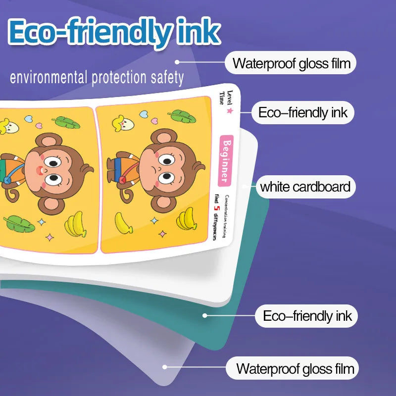 AERBA HOT SALE 64PCS Find Differences Card Game for Children Reusable Wiping Paper 3 Difficulty Levels Cartoon Educational Puzzle for Kids