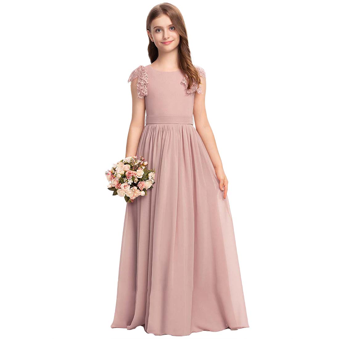 Girls' Formal Dress Fashion A Line Round Neck Wedding Girl Dresses Chiffon Lace With Bow Hot Sale Junior Bridesmaid Dress