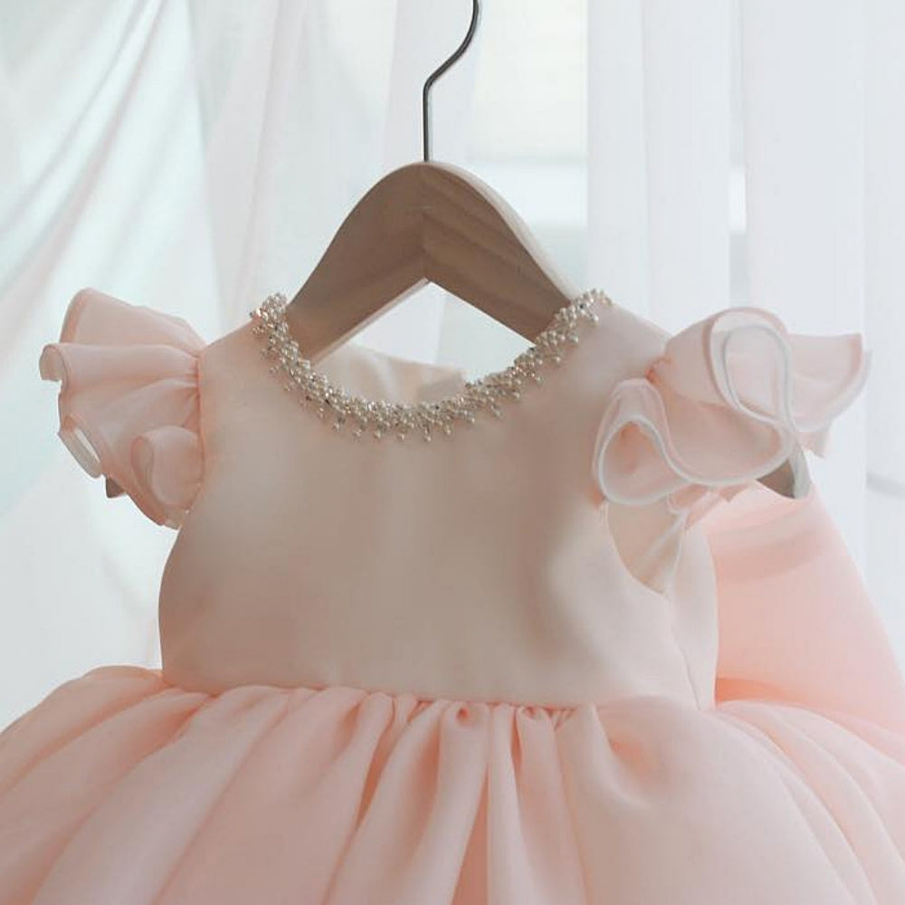 AERBA DRESS Wedding Flower Girl Dress Puffy Tulle Bow Ball Gown For Kids Birthday Shiny Pearls Round Neck Wedding Party Guest Dress Princess Dress