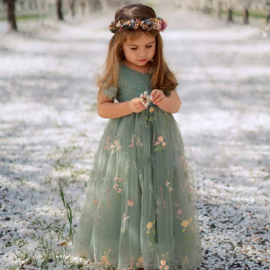 AERBA DRESS Wedding Flower Girl Dress Embroidered Floral Party Gown Lace Flower Short Sleeves Princess Dress