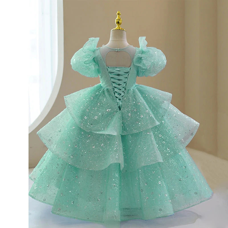 AERBA DRESS Wedding Flower Girl Dress Puff Sleeve Toddlers Beaded Ruffle Tulle Princess Pageant Dress Sparkly 1st Communion Party Gown