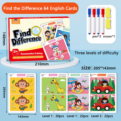 AERBA HOT SALE 64PCS Find Differences Card Game for Children Reusable Wiping Paper 3 Difficulty Levels Cartoon Educational Puzzle for Kids