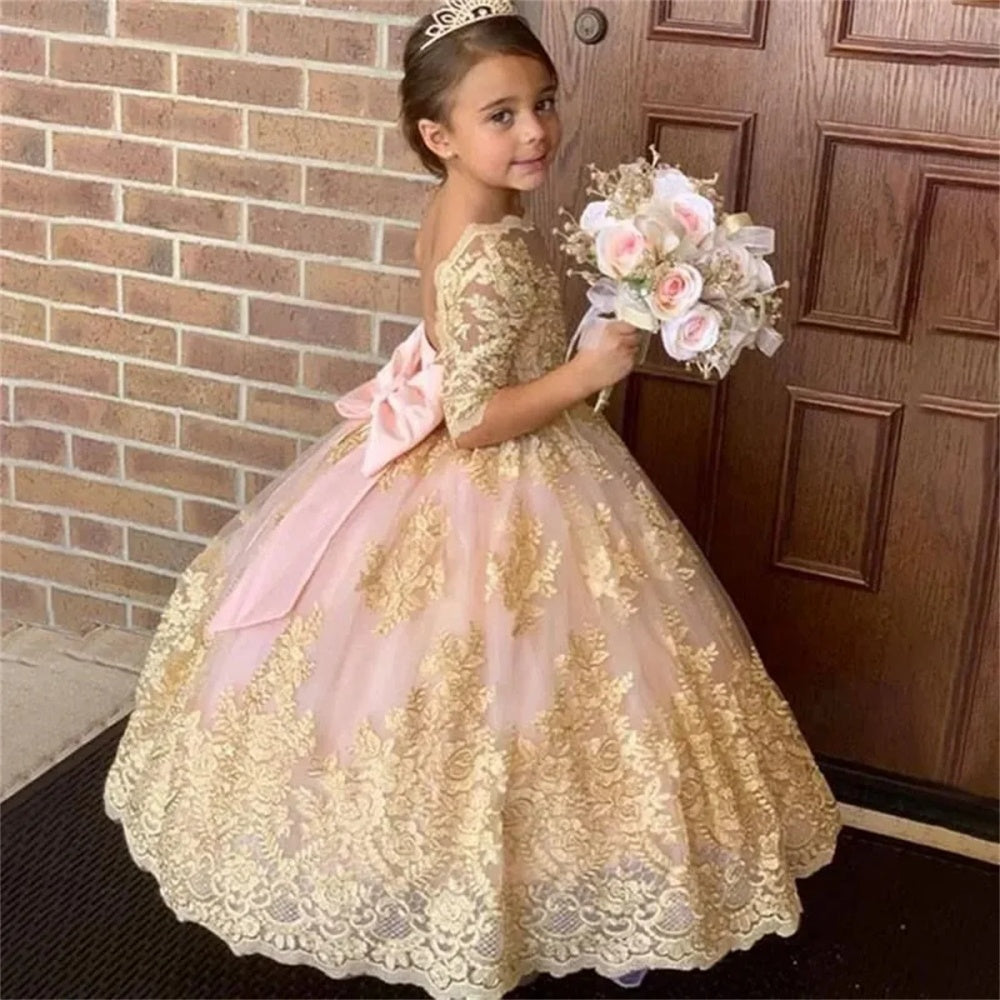 AERBA DRESS Wedding Flower Girl Dress Lace Appliques Bow Half Sleeves Elegant First Communion Kids Prom Dress