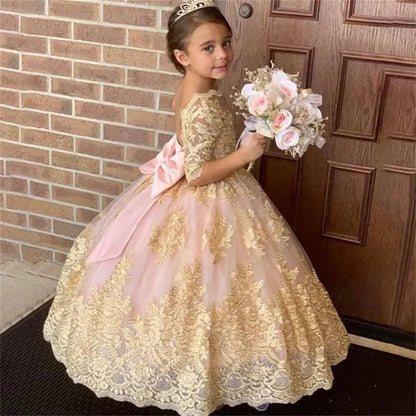 AERBA DRESS Wedding Flower Girl Dress Lace Appliques Bow Half Sleeves Elegant First Communion Kids Prom Dress