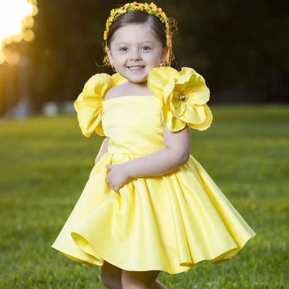 Wedding Flower Girl Dress Baby Girls Satin Flower Off-Shoulder Dress Infant Baptism Evening Wedding Birthday Prom Party Fluffy Gown Kids Princess Dress