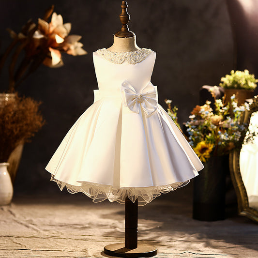 AERBA DRESS Wedding Flower Girl Dress Pearls Puffy With Bow Cute Party Kids Baby Pageant Birthday Ball Gowns Dress