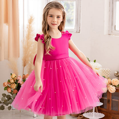 AERBA DRESS Wedding Flower Girl Dress Elegant Short Toddler Birthday Tulle Sleeveless Bow Pearls Princess Wedding Party Gown for Kids Baby