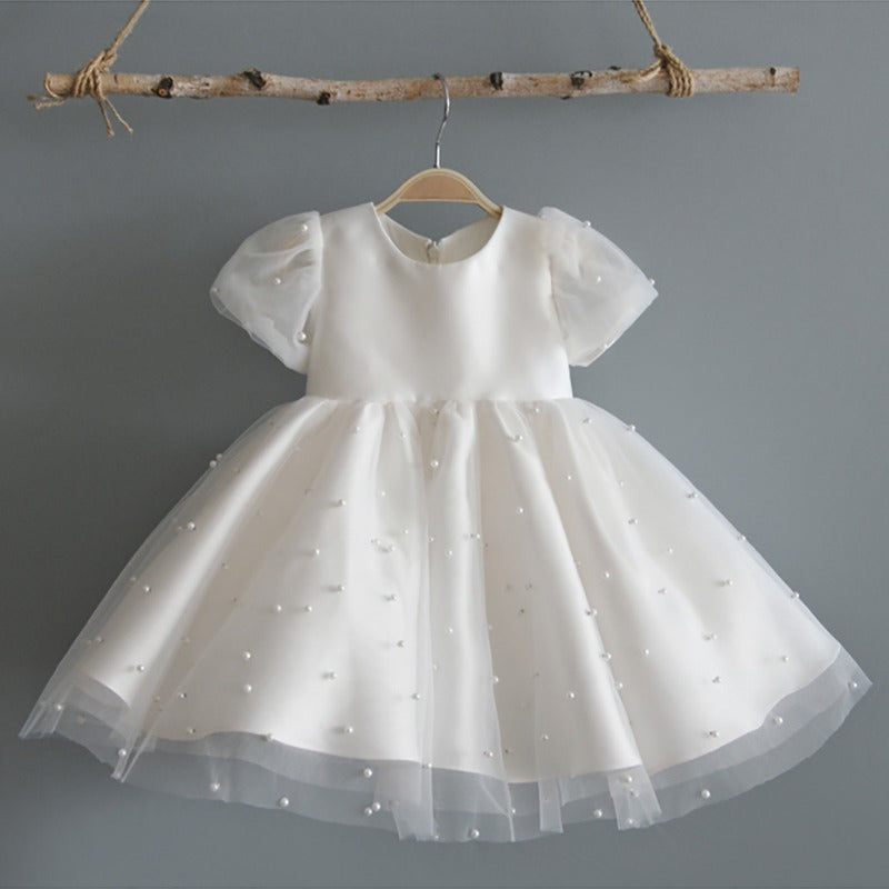 AERBA DRESS Wedding Flower Girl Dress A Line Round Neck Birthday Party Pearl Puff Sleeve Princess Dress