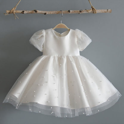 AERBA DRESS Wedding Flower Girl Dress A Line Round Neck Birthday Party Pearl Puff Sleeve Princess Dress