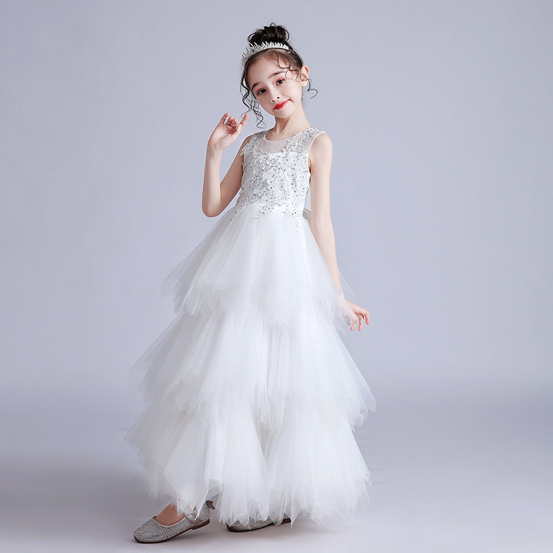 Wedding Flower Girl Dress Girl's Birthday High-End Tiers Bow Sleeveless Evening Dress Puffy Wedding Dress Exquisite Princess Dress