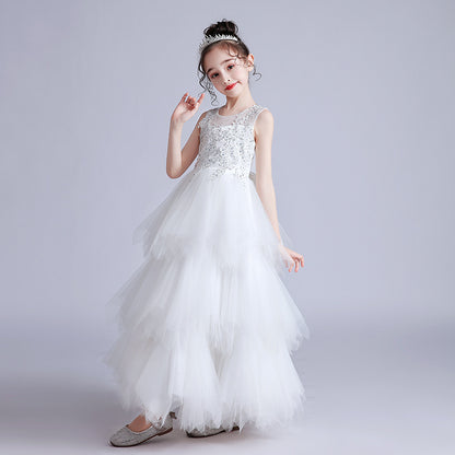 Wedding Flower Girl Dress Girl's Birthday High-End Tiers Bow Sleeveless Evening Dress Puffy Wedding Dress Exquisite Princess Dress