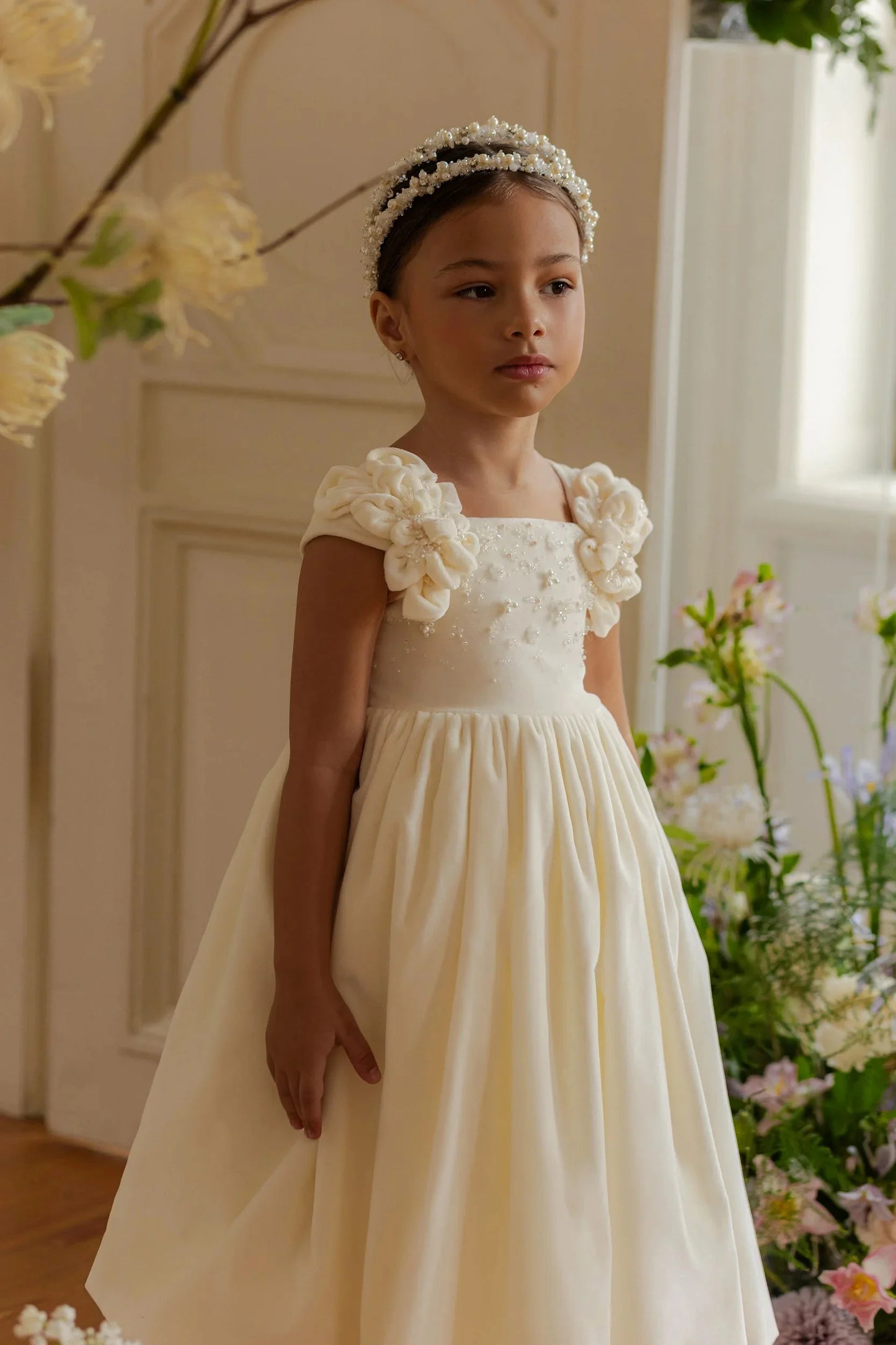 AERBA DRESS Wedding Flower Girl Dress 3D Floral Pearls Lace Little Girl Holy First Communion Party Banquet Gown Princess Dress