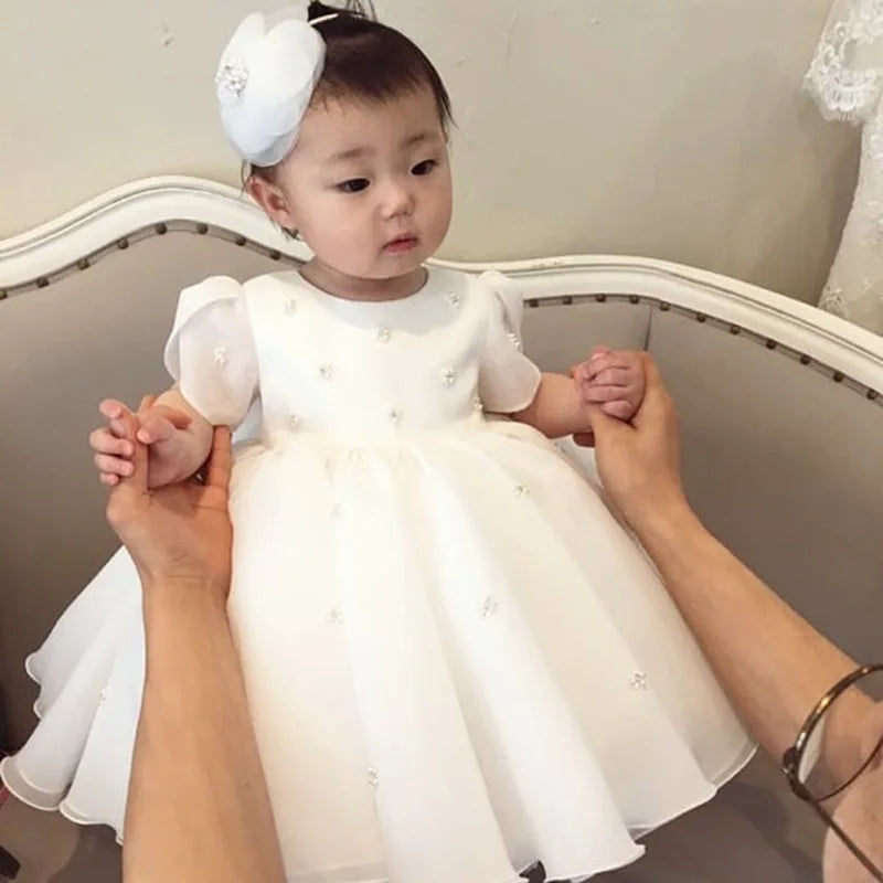 Wedding Flower Girl Dress New Year-Old Baby Round Neck Ruched First christening Dress Sweet Princess Dress