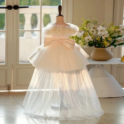 AERBA DRESS Wedding Flower Girl Dress Appliques Pearls With Bow Princess Birthday Party First Communion Gown