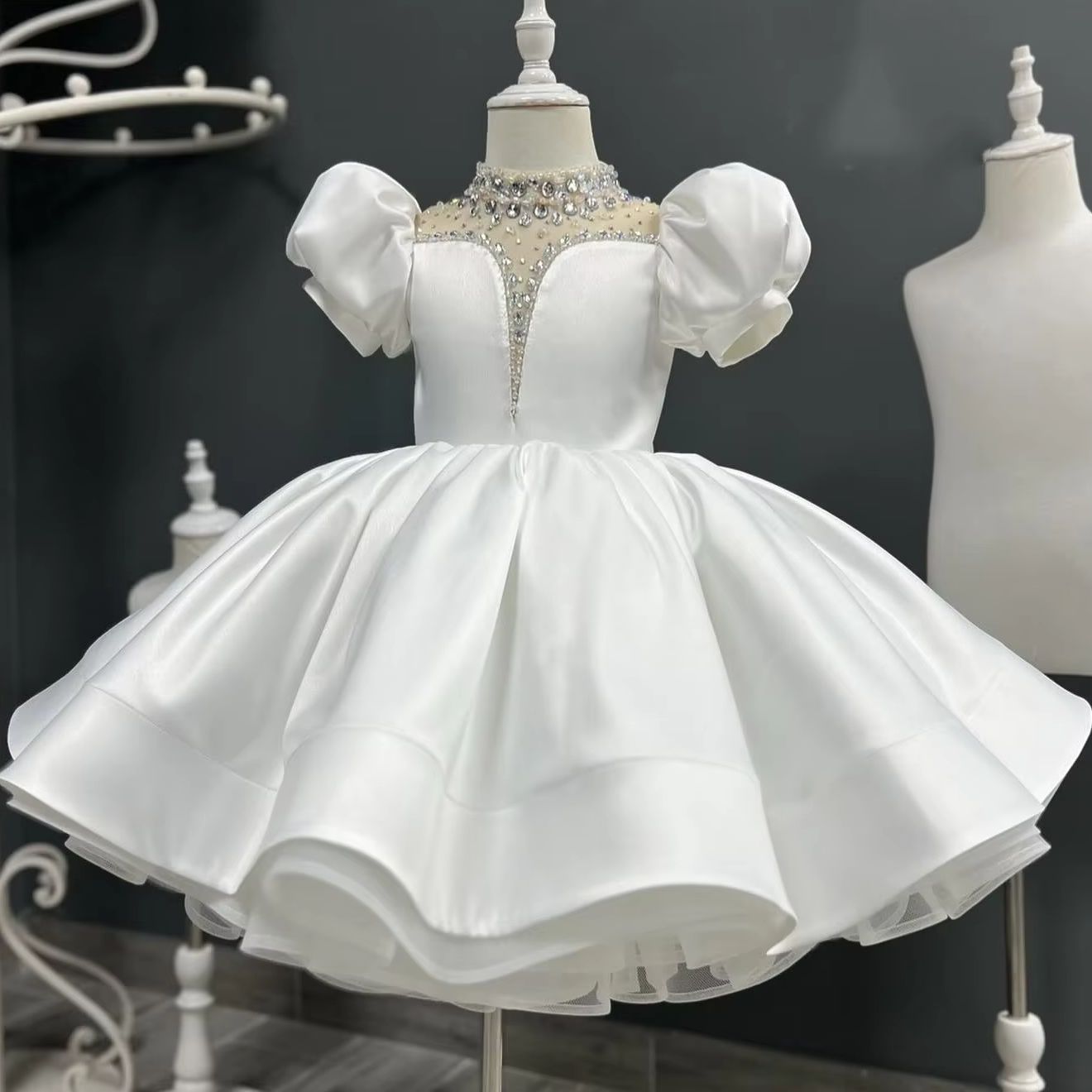 AERBA DRESS Wedding Flower Girl Dress Satin With Bow Short Sleeves Kids Birthday Party First Communion Ball Gown