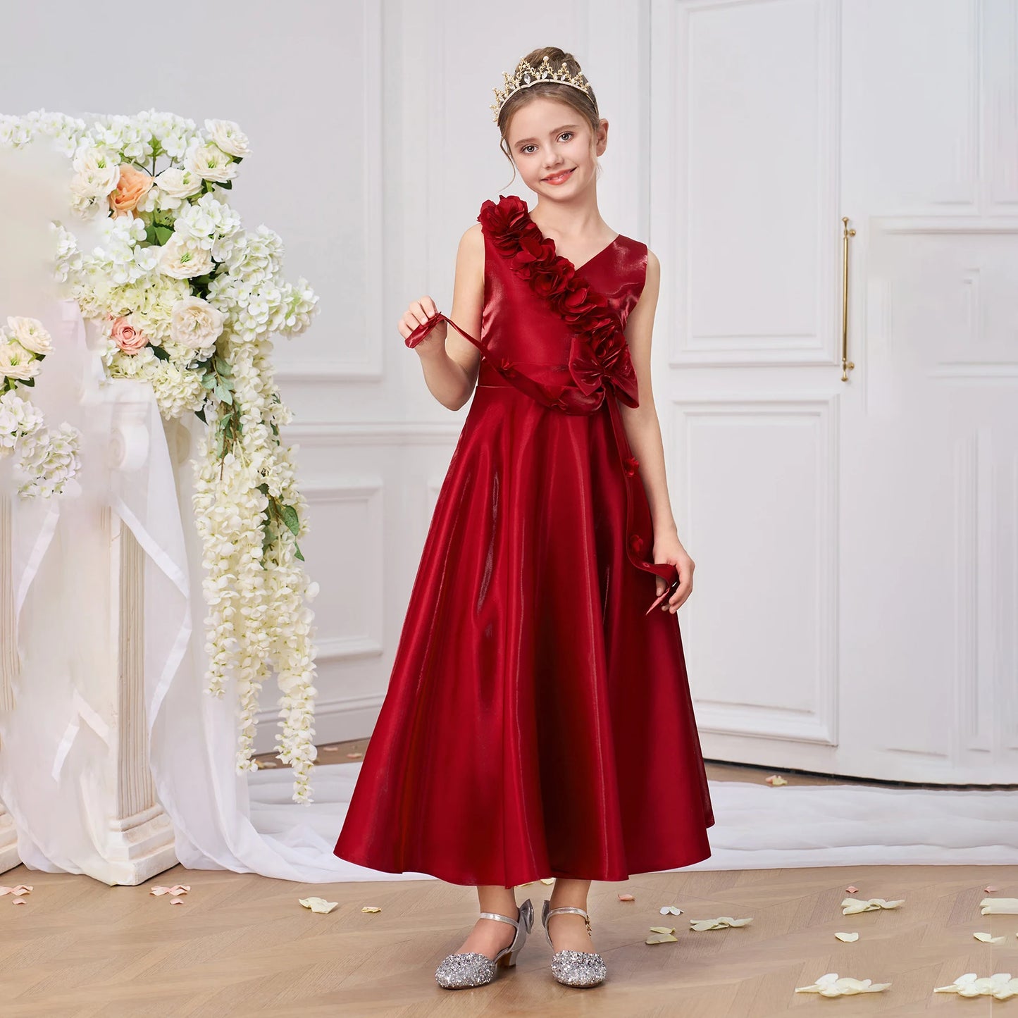 Fashion Girls' Formal Dress A Line V Neck Sleeveless Princess Evening Prom Gown Elegant Wedding Birthday Party Dress Hot Sale Junior Bridesmaid Dress
