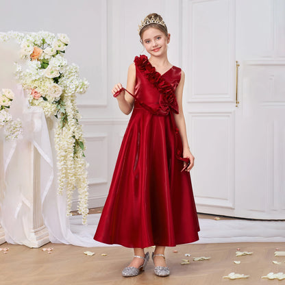 Fashion Girls' Formal Dress A Line V Neck Sleeveless Princess Evening Prom Gown Elegant Wedding Birthday Party Dress Hot Sale Junior Bridesmaid Dress