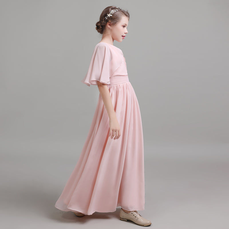 Girls' Formal Dress Elegant A Line Flowy Sleeves Girls Pleated Backless Floor Length Chiffon Birthday Dress Hot Sale Junior Bridesmaid Dress