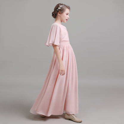 Girls' Formal Dress Elegant A Line Flowy Sleeves Girls Pleated Backless Floor Length Chiffon Birthday Dress Hot Sale Junior Bridesmaid Dress