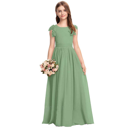 Girls' Formal Dress Fashion A Line Round Neck Wedding Girl Dresses Chiffon Lace With Bow Hot Sale Junior Bridesmaid Dress