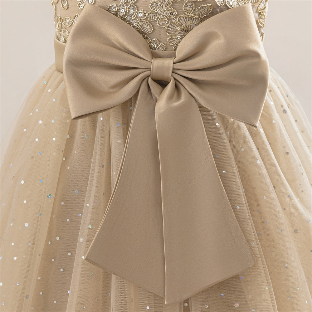 AERBA DRESS Wedding Flower Girl Dress  Party Dress Kids Big Bow Long Wedding Bridesmaid Prom Gown Girl Fashion Lace Birthday Clothes Princess Dress